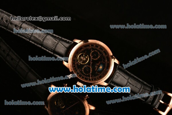 Patek Philippe Grand Complication Asia R10-Tourbillon Automatic Rose Gold Case with Black Dial Arabic Numeral Markers and Black Leather Strap - Click Image to Close